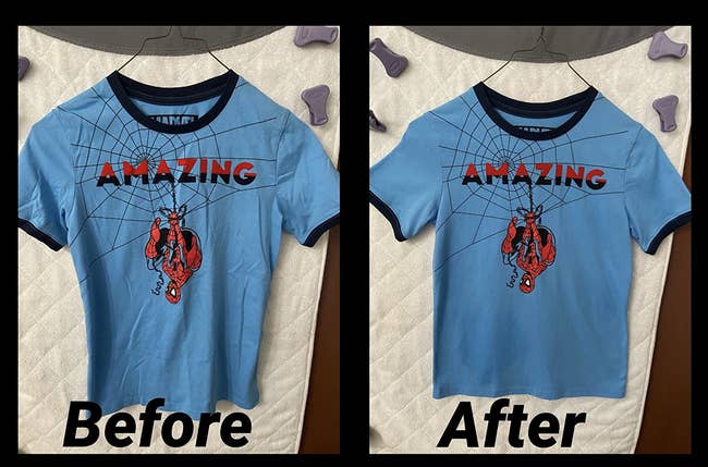 Reviewer's photo of a kid's t-shirt before using the wrinkle release spray and a photo of the t-shirt after using the wrinkle release spray