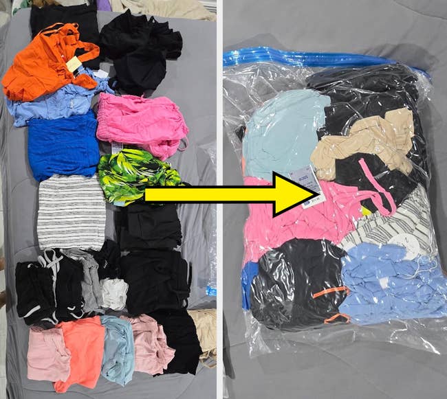 Clothes are shown earlier  and aft  being packed successful  a space-saving vacuum bag, demonstrating its effectiveness for organizing and storing garments