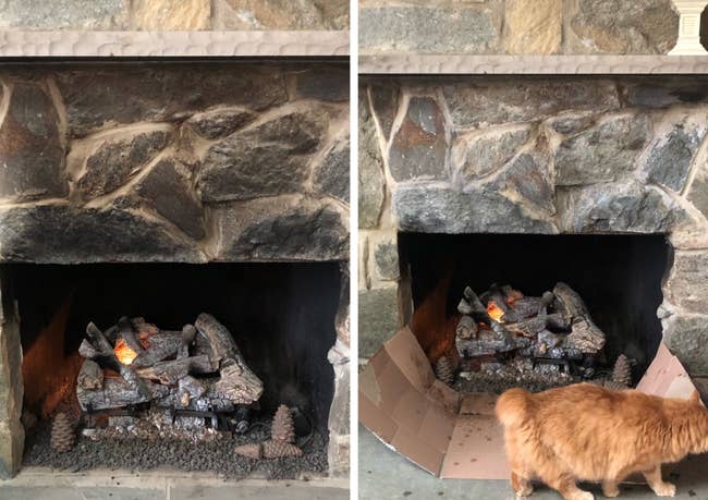 reviewer before and after photos showing a sooty stone fireplace on the left and the same fireplace looking spotless on the right