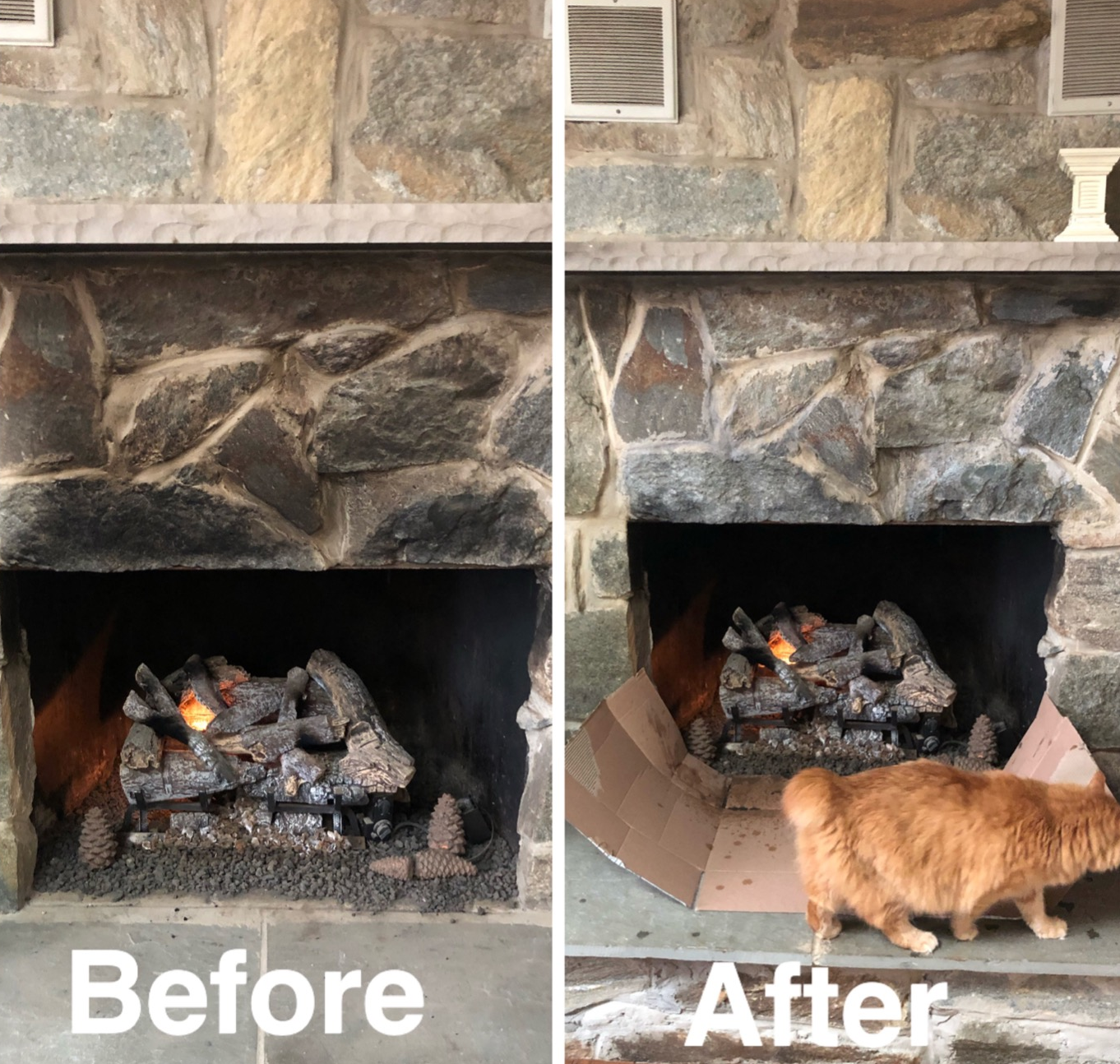 reviewer before and after photos showing a sooty stone fireplace on the left and the same fireplace looking spotless on the right