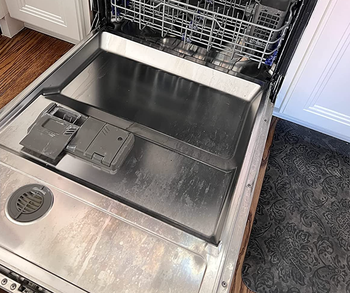 reviewer before photo of hard water stains on their dishwasher