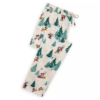 cream colored pajama pants with wintry trees and disney characters on them