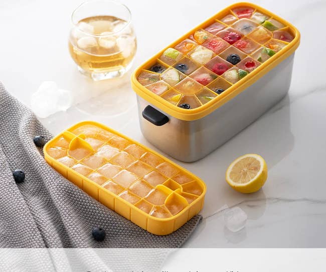 two silicone ice cube trays inside stainless steel box 