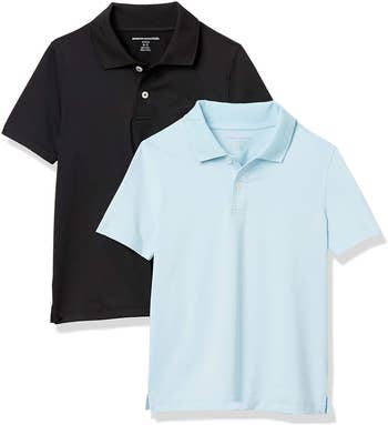 a black polo shirt and a light blue polo shirt