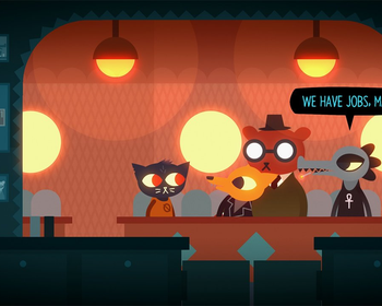 a screenshot from the game showing different animal characters at a bar and an alligator saying 