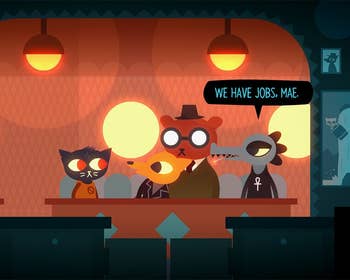 a screenshot from the game showing different animal characters at a bar and an alligator saying 
