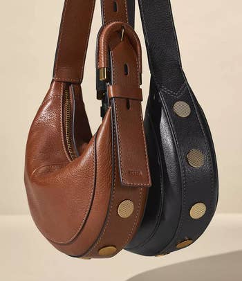 brown and black shoulder bags with buckle and gold stud detailing