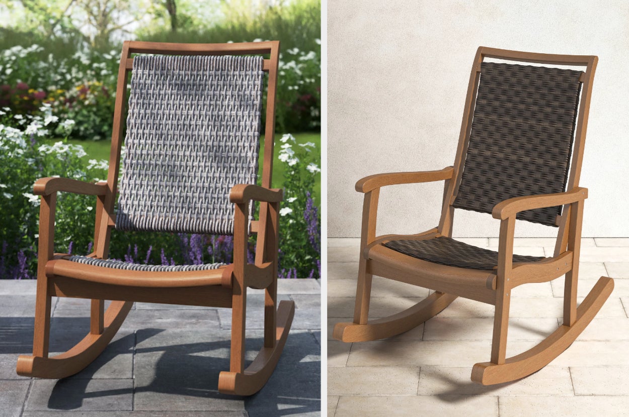 Brown wooden rocking chair with gray wicker backing and seat on top of stone, side view of product with dark brown wicker in front of a white wall