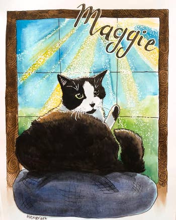 art of a tuxedo cat named maggie