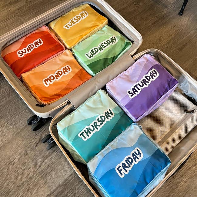 Packing cubes with labels for each day of the week laid in a suitcase 