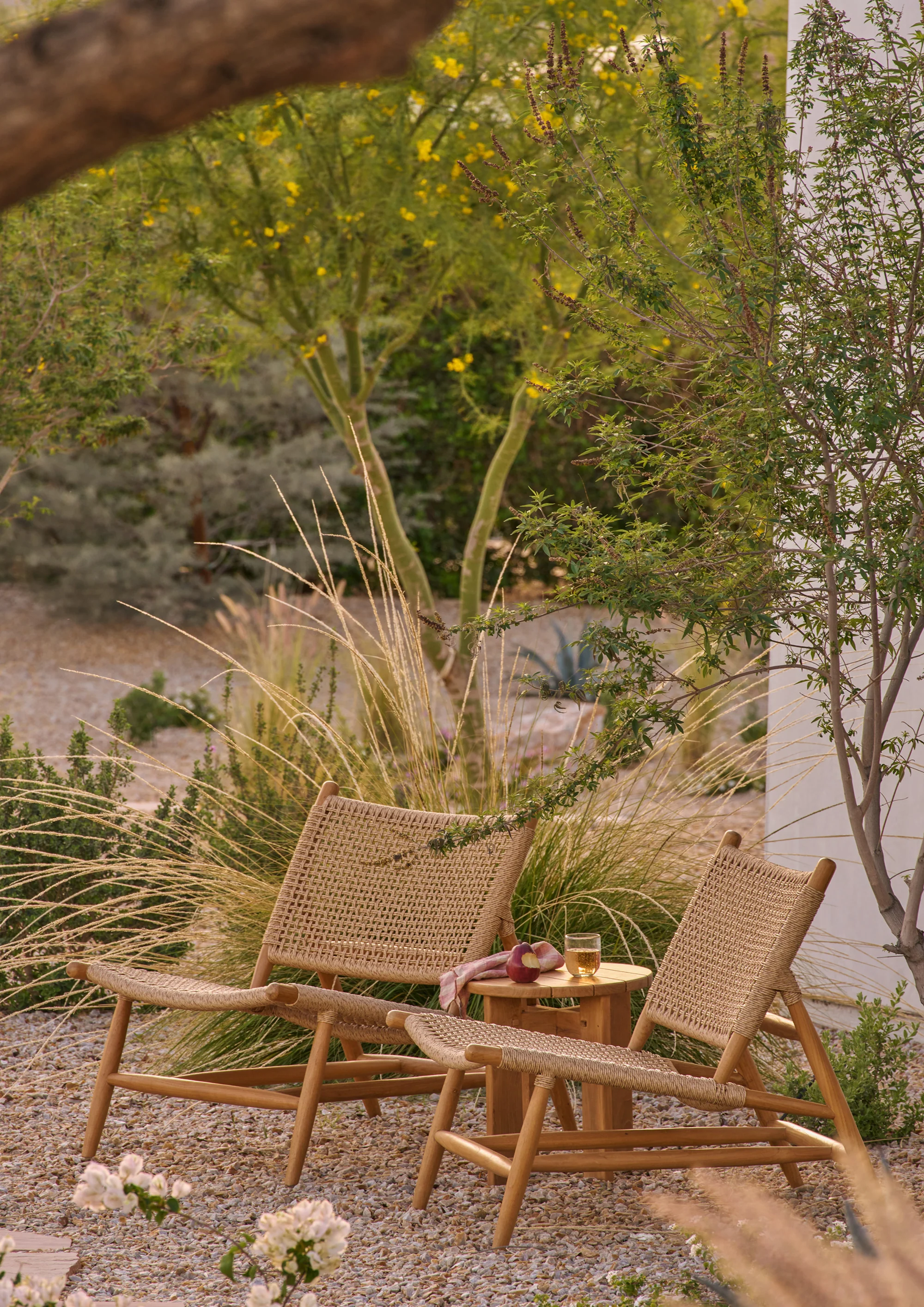 Two woven outdoor chairs with a tiny  woody  array  betwixt  them, holding a solid  of achromatic  vino  and fruit, acceptable   successful  a serene plot  scene