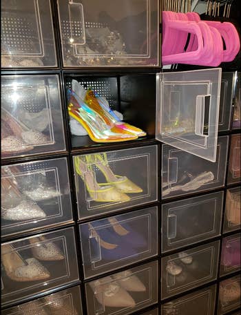 reviewer's shoes in the transparent storage boxes