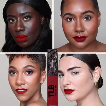 the red lip stain shown on different models with different skin colors