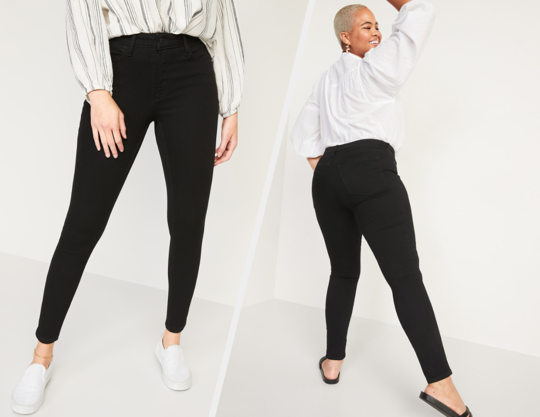 Two images of model wearing black pants