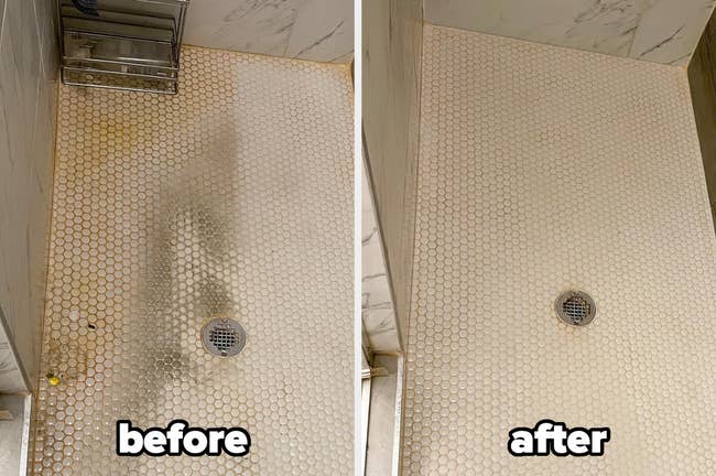 left: reviewer photo of dirty tile shower full of hard water stains / right: same reviewer after photo of all stains gone 