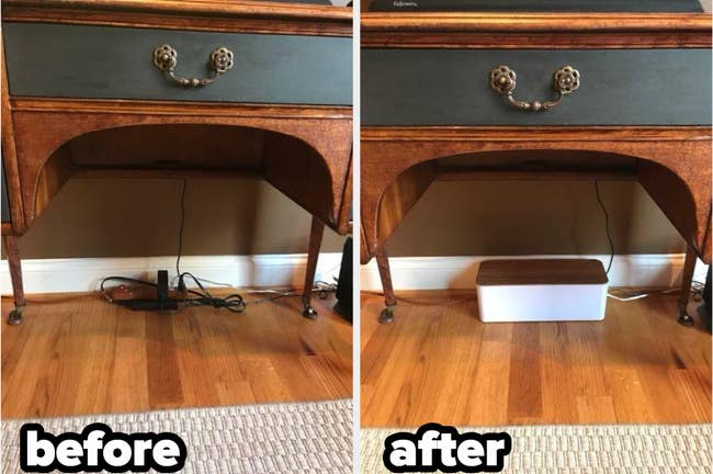 reviewer earlier photograph of messy cables nether desk/ right: aft photograph of cords and surge protector hidden successful achromatic box