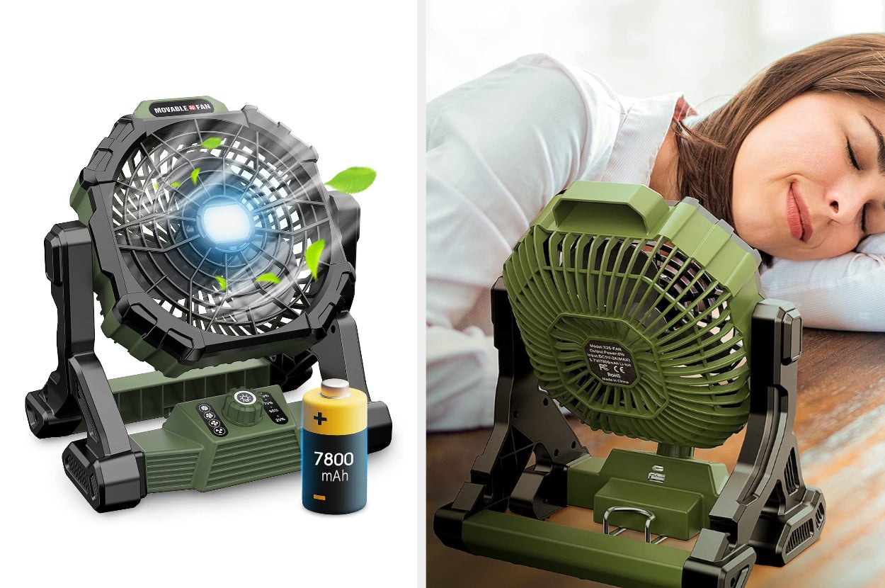Black and green battery powered fan blowing air on a white background, model sleeping in front of product on table