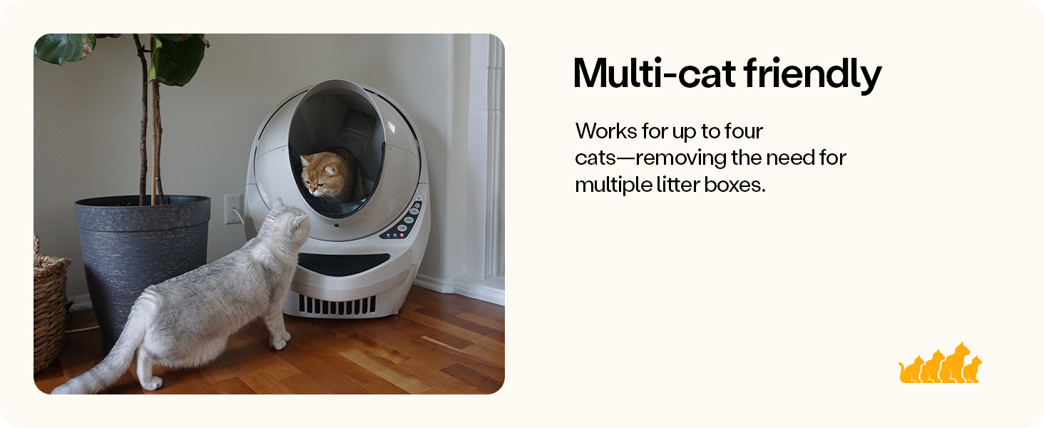 Two cats interact adjacent   an automatic litter box. Text promotes it arsenic  multi-cat friendly, suitable for up   to 4  cats, eliminating other  litter boxes