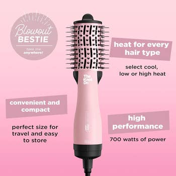 Round brush hair dryer with various settings for heat and a compact design for easy storage