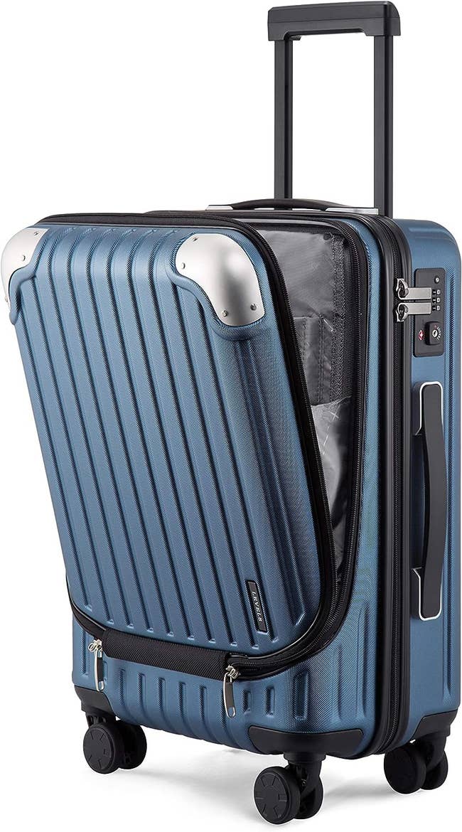 Blue hard-shell suitcase with wheels and extending handle, depicted upright