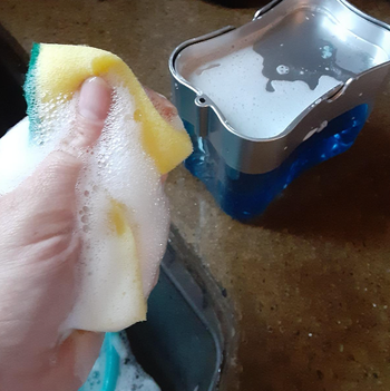 reviewer holding soapy sponge in front of the holder 