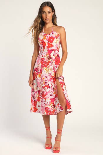 model in the floral midi dress