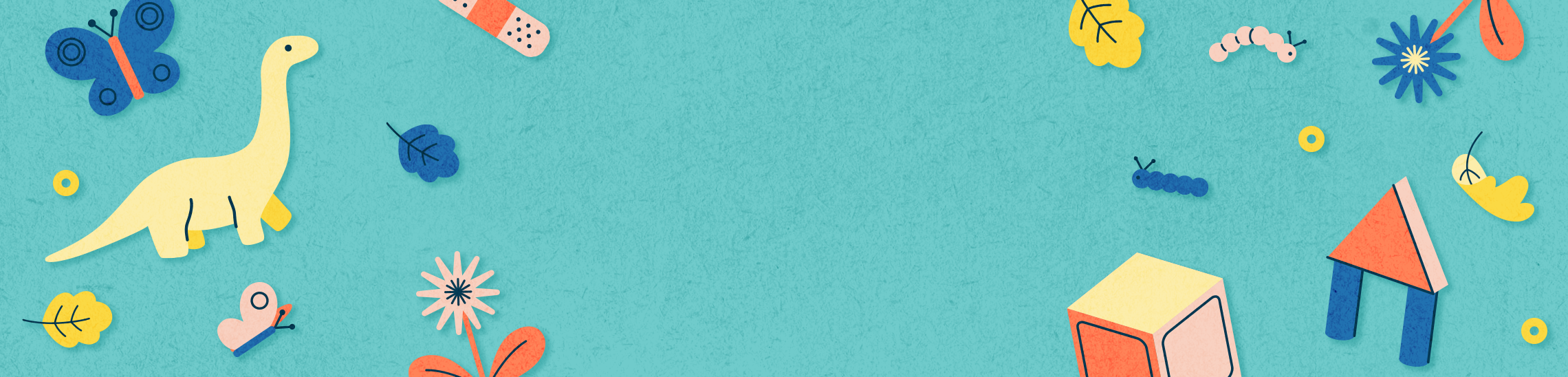 Whimsical flowers, dinosaurs, butterflies, bandaids, and blocks on a teal blue background