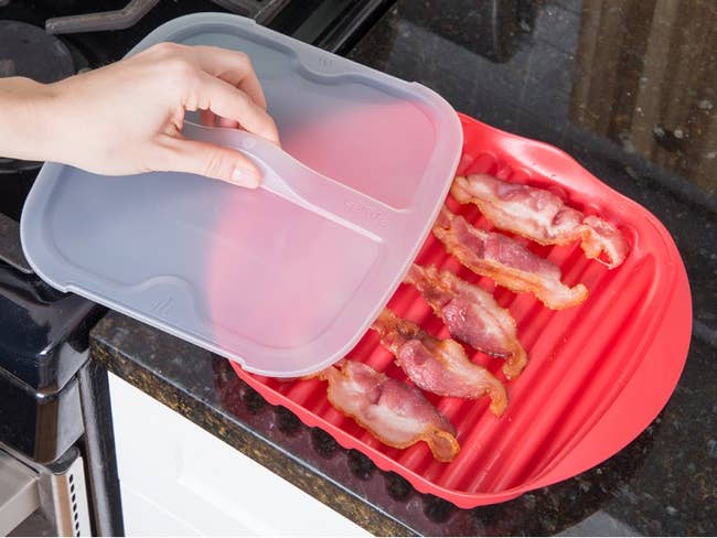 person placing lid on tray with cooked bacon on it
