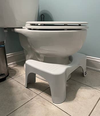 reviewer photo of the squatty potty in front of a toilet