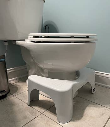 reviewer photo of the squatty potty in front of a toilet