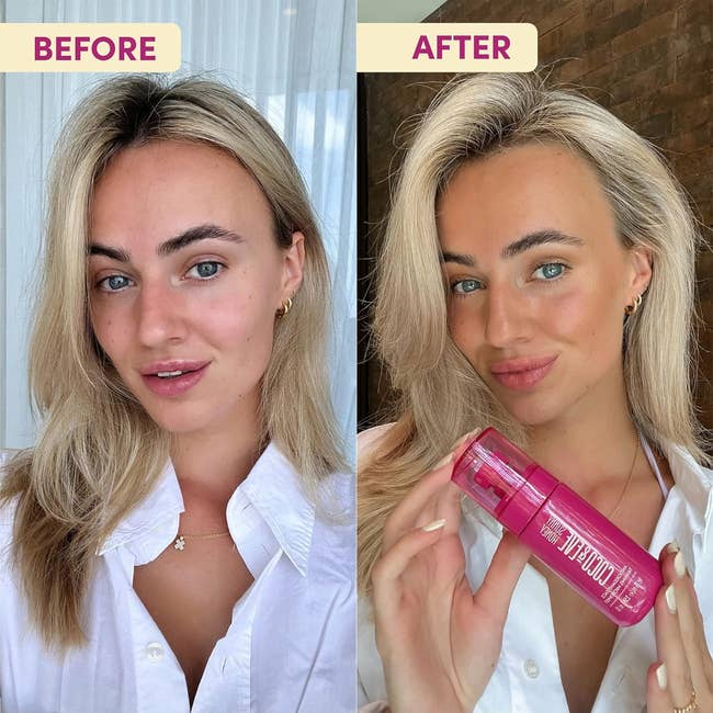 Before and after comparison of a model showcasing the results of a self-tanning spray 
