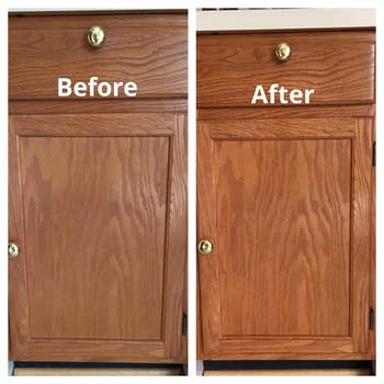 reviewer image of their kitchen cabinets before and after using the conditioner