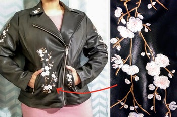 Two reviewer images of the black floral jacket