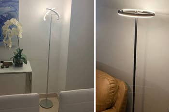 Reviewer image of tall skinny silver lamp with lights pointing in an X shape, reviewer image of product lit up with curved light posts pointing up and down next to brown couch