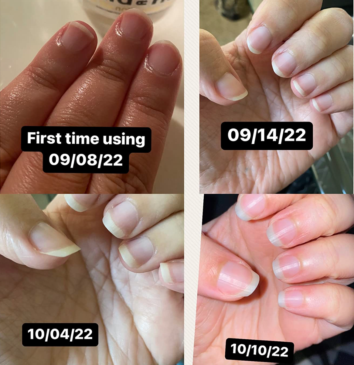 series of photos showing a reviewer's nails looking longer after using the strengthening cream