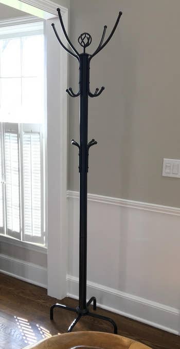 Reviewer image of the black coat rack without coats