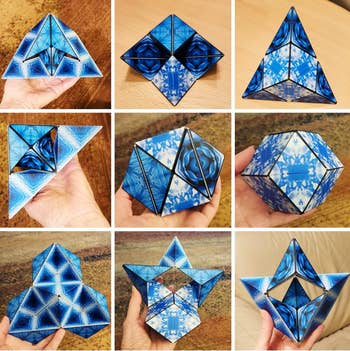 Reviewer image of a blue patterned box made into a bunch of different shapes 