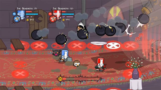 a screenshot from the game showing a red and blue knight character running through falling bombs 