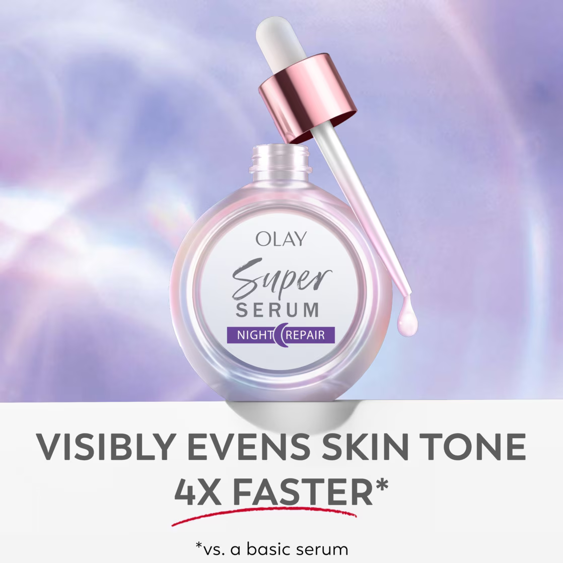 Olay Super Serum Night Repair vessel  with dropper, promoting 4x faster tegument  code    evening compared to a basal  serum
