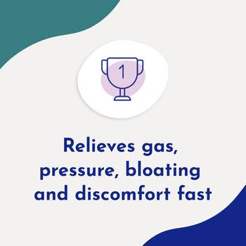 Ad for gas x that quickly relieves gas, pressure, bloating, and discomfort, depicted with a trophy icon