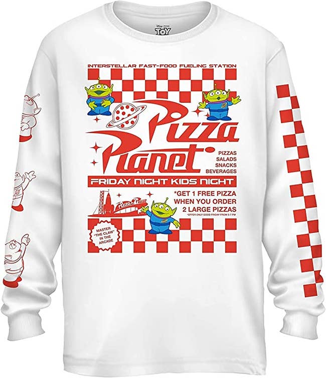 a white long sleeve shirt with a pizza planet graphic on it