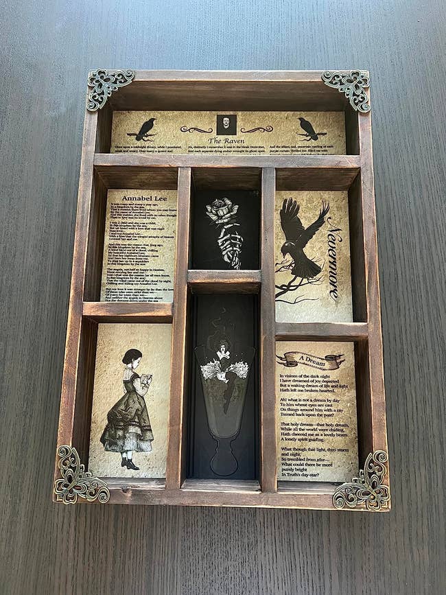 Shadow box display with Edgar Allan Poe's themed artwork and poems, suitable for literary enthusiasts