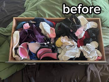 reviewer before photo of disorganized drawer full of bras and underwear