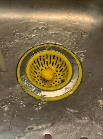 A yellow sink strainer with a duck on it 