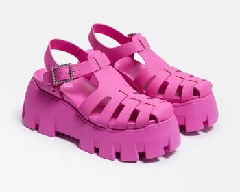 lug sole fisherman sandals with small jeweled buckle in hot pink