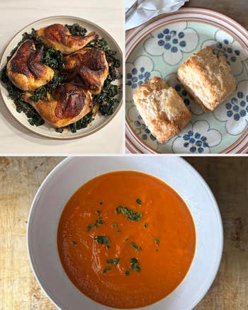 Plates of roast chicken on greens, biscuits on a patterned plate, and a bowl of red soup garnished with herbs