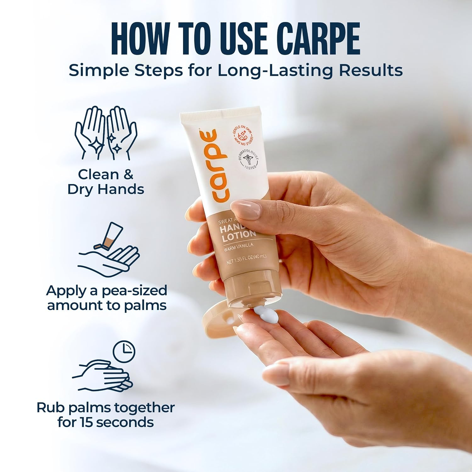 Hands applying a tiny  magnitude  of Carpe sweat-absorbing manus  lotion, labeled 