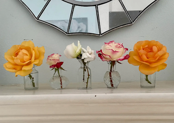 Reviewer pic of the five clear vases with one rose in each of them