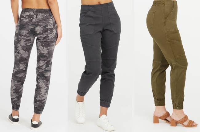 Three images of models wearing gray and green pants