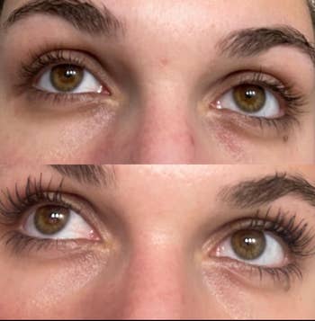 Close-up examination  of eyes earlier  (top) and aft  (bottom) mascara application, showing enhanced eyelashes